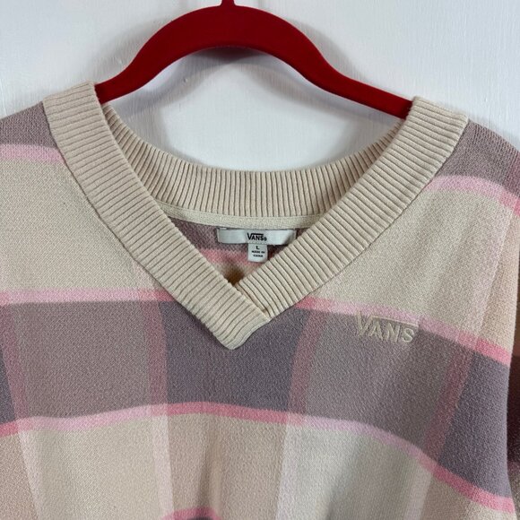 Vans V-Neck Sweater Women’s Large Pink Beige Plaid Check Knit 100% Cotton - Picture 3 of 8